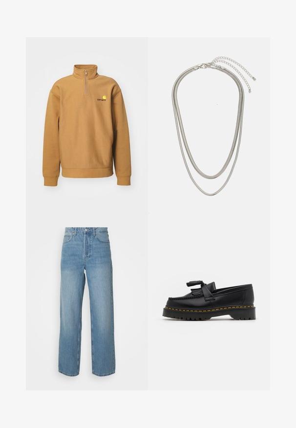 Pullover-Sweatshirt aus beige Fleece-Material; mit Halbreißverschluss am Hals, gerippten Bündchen und einem kontrastierenden Logo auf der Brust.; Hellblaue, hochtaillierte Jeans mit geraden Beinen, mit vorderem Knopfverschluss und Fünf-Taschen-Design auf schlichtem Hintergrund.; Schwarze Lederloafers mit einem fransenverzierten Akzent, ausgestattet mit einer robusten schwarzen Sohle und gelber Naht entlang der Kante. Texturierte Oberfläche.; Dreischichtige Halskette aus Silbermetall mit schlanken, flexiblen Ketten mit leichtem Glanz, gesichert mit einem Karabinerverschluss und verstellbarer Kette.