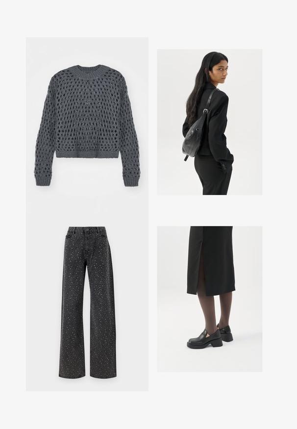 ONLY ONLBILLIE LIFE SHORT O NECK - Stickad tröja - magnet; Noisy May NMJANNEL LOOSE - Jeans relaxed fit - black denim; Svarta läderskor med rund tå, tjock klack utan häl och elastiska sidodetaljer, kombinerat med mörka strumpbyxor och en svart kjol med slits.; Kvinna med långt mörkt hår, klädd i en svart dräkt, bärandes en svart läderaxelväska, tittar över axeln mot en vit bakgrund.; Silverfärgade hoopörhängen med en minimalistisk design. Cirkulär form, slät yta och tunn profil. Lätta med en polerad finish.