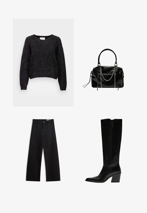 Črni skrajšan pulover z teksturiranim pletenim vzorcem, širokimi rokavi in okroglim izrezom. Oznaka vidna na hrbtni strani.; Črne široke denim hlače z visokim pasom, ki imajo sprednje in zadnje žepe, šivane šive ter gumbasto zapiranje. Gladka tekstura.; Črne gležnjarje do kolen iz gladkega usnja, z ostrim nosom, blokinim peto in V-oblikovanim izrezom na vrhu.; Bershka WITH CHAIN - Torbica - black