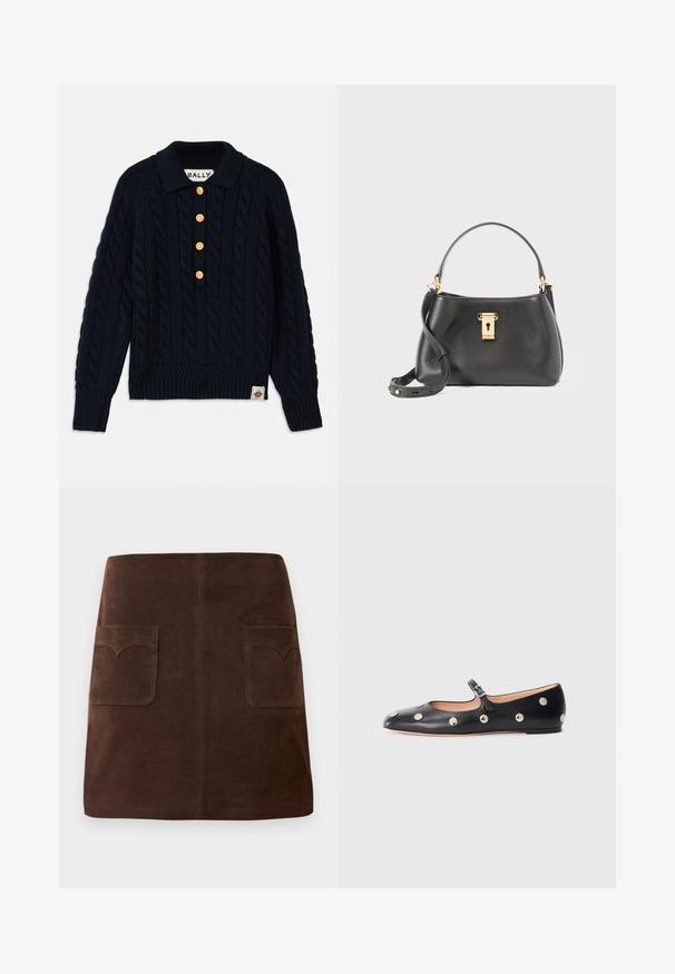 Navy adīta džemperis ar kabeli rakstu, ribota apkakle un piedurknes, satur piecus zeltainus pogas un logo uzlīmi apakšējā malā.; Brūns zamšādas svārki ar klasisku A-line formu, divām priekšējām kabatām ar noapaļotiem vāciņiem un smalkiem šuvju detaļām.; Melna ādas Mary Jane līdzena zābaku ar noapaļotu purngalu, kurā ir sudraba apaļie kniedes un regulējama siksniņa ar sprādzi.; Melna ādas rokassoma ar teksturētu apdari, ar zelta slēgvārtu, īsu rokturi un noņemamu plecu siksnu.