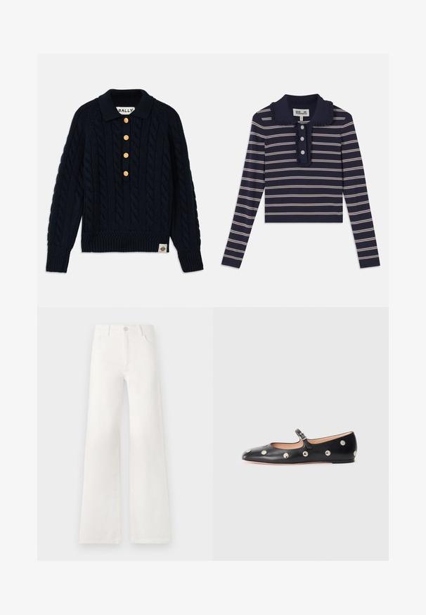 Navy neulepaita, jossa on palmikkokuvio, ribbireunat kauluksessa ja hihoissa, viisi kultapainiketta sekä logo-etiketti alahelassa.; Laivastonsininen pitkähihaisempi paita, jossa on vaaleanpunaisia vaakaraitoja, röyhelökaulus ja etupuolella kolme napinläpeä; valmistettu pehmeästä ja joustavasta materiaalista.; Valkoiset, korkeavyötäröiset ja leveälahkeiset farkut, jotka on valmistettu denimkankaasta. Ominaisuuksiin kuuluu napp closure, kaksi etutaskua ja sivusaumojen ompeluyksityiskohdat.; Musta nahkainen Mary Jane -tyylinen tasapohjakenkä, jossa on pyöreä varvas. Kenkässä on hopeisia pyöreitä niittejä ja säätöremmi, jossa on solki.