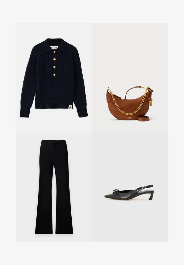 Suéter de punto azul marino con un patrón de trenzas, cuello y puños acanalados, presenta cinco botones dorados y un parche de logo en el dobladillo inferior.; Pantalones acampanados negros con una textura suave, cintura ajustada y bolsillos frontales, diseñados con una silueta moderna y elegante.; Zapato slingback de cuero negro con punta afilada, tacón pequeño y detalle de hebilla decorativa en la parte superior. Textura suave, diseño minimalista.; Bolso de mano de piel marrón con un diseño curvado, correa de cadena dorada, bolsillo interior y una correa de hombro desmontable. Presenta costuras en contraste.