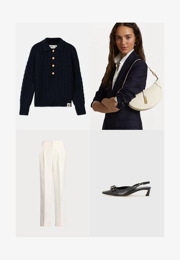 Suéter de punto azul marino con un patrón de trenzas, cuello y puños acanalados, presenta cinco botones dorados y un parche de logo en el dobladillo inferior.; Polo Ralph Lauren HEMP WIDE LEG PANT - Pantalones - nevis; Zapato slingback de cuero negro con punta afilada, tacón pequeño y detalle de hebilla decorativa en la parte superior. Textura suave, diseño minimalista.; Bolso de mano de cuero blanco con forma curva, herrajes dorados y un acabado texturizado, llevado sobre un blazer oscuro y una camisa blanca.