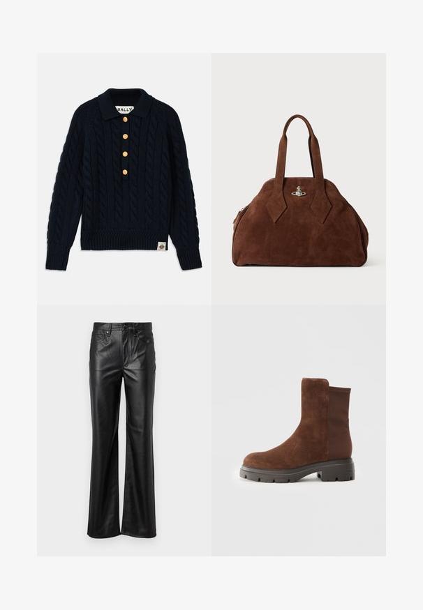Pulover tricotat de culoare bleumarin, cu un model în formă de cablu, guler și manșete cu nervuri, are cinci nasturi aurii și o etichetă cu logo în partea inferioară.; Pantaloni din piele neagră cu un design drept, prezentând un sistem de închidere cu nasture, bucle pentru brâu și buzunare frontale. Textură netedă și detalii minime.; Botine din suede maro, cu panouri elastice laterale, vârf rotunjit și o talpă groasă din cauciuc, având un model texturat de profil.; Geantă din suede maro, cu o formă structurată, un corp rotund și mânere lungi în formă de diamant. Dispune de o închidere din metal argintiu.