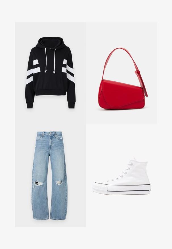 Sort cropped hoodie med snoretræk og hvide accentstriber på ærmerne. Materialet ser blødt ud med en glat tekstur.; Lysblå, højtraljede jeans lavet af denim. Har brede ben, to huller ved knæene og klassisk fem-lommes stil.; Hvide høje kanvas sneakers med sort gummisål, gummitåhætte foran og seks øjehuller til snørebånd, der har et rent, minimalistisk design.; Rød læderhåndtaske med et kantet, geometrisk design. Har en enkelt justerbar rem og en klaplukning med syede detaljer.