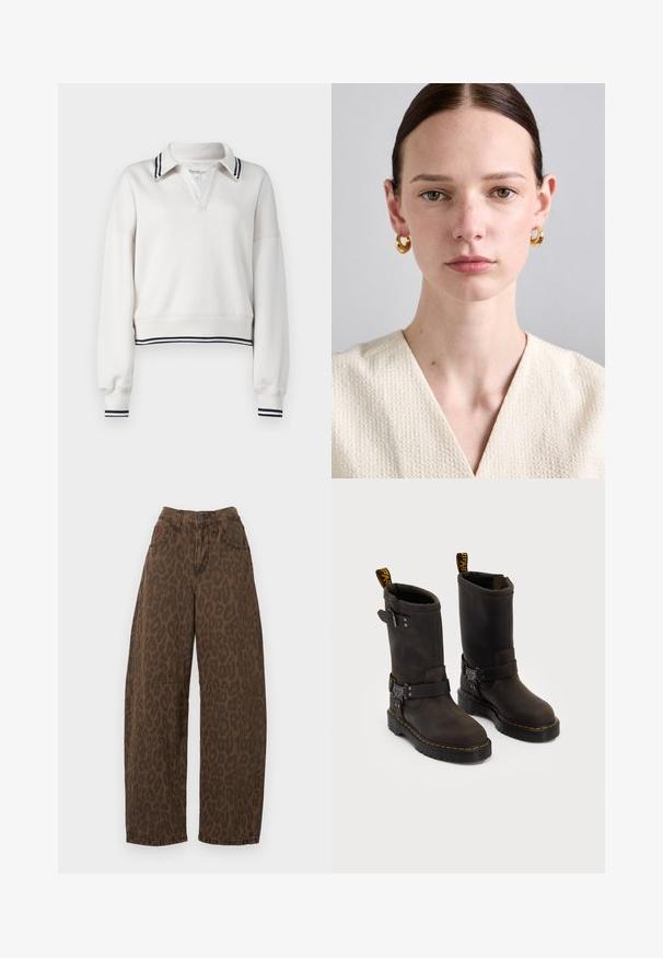 Pulover alb, scurt, dintr-un material moale, având un guler cu două dungi bleumarin și manșete elastice cu detalii dungi asortate.; Jeans cu imprimeu leopard maro, cu croială largă și talie înaltă, cu închidere prin buton și două buzunare frontale. Fabricate dintr-un material denim cu o textură netedă.; Bocanci din piele maro închis cu un design până la jumătatea tibiei, cusături galbene, curele cu catarame ajustabile și bucle pentru tragere în partea de sus. Finisaj texturat.; Cercei din aur în formă de cerc cu un finisaj neted, purtați de o persoană cu piele deschisă, având un top dintr-un material crem texturat cu un design în formă de V.