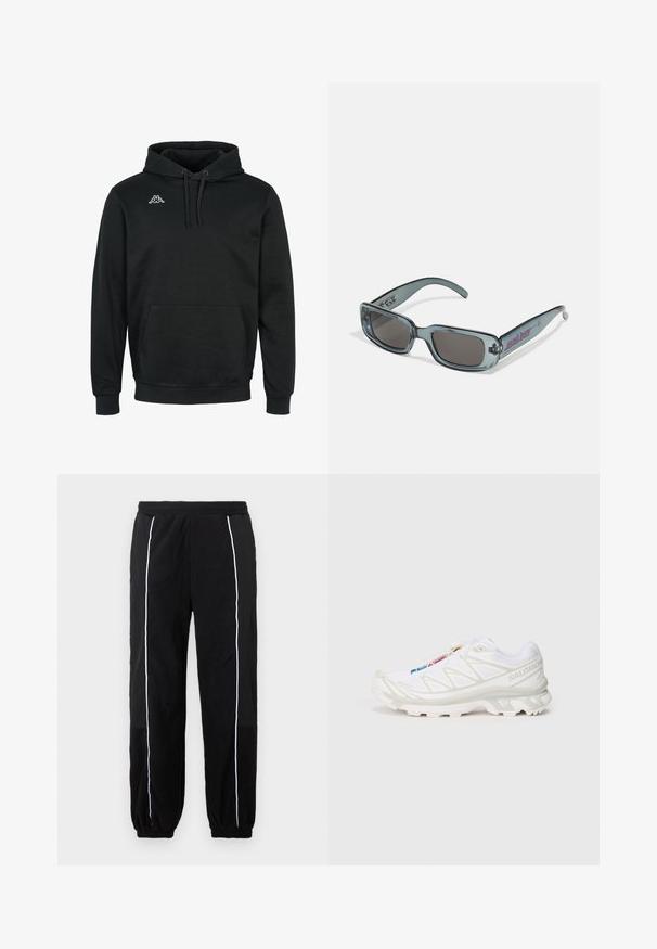 Svart hoodie gjord av mjukt tyg, med en frontficka, dragsko i huvan, ribbade muddar och en liten vit logotyp på bröstet.; Svarta joggingsbyxor med vita sidostripes, elastisk midja och mudd. Tillverkade av mjukt, texturerat tyg för komfort och flexibilitet.; Vit träningssko med texturerad mesh-övre, reflexdetaljer och en dämpad sula. Framträdande varumärkeslogotyp på sidan.; Santa Cruz INFERNO UNISEX - Solglasögon - crystal black