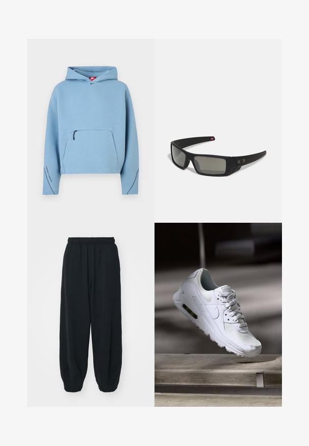 Light blue hoodie with a drawstring hood, front zip pocket, and contrasting dark stitching along the sleeves. Fabric appears soft and smooth.; Black, elasticated-waist sweatpants with a loose fit, cuffed ankles, smooth texture, and no visible patterns or hardware accents.; White Nike Air Max 90 sneaker featuring a mesh and leather upper, perforated toe box, and a visible air unit in the heel.; Black sunglasses with a matte finish, rectangular lenses, slight curve on temples, subtle logo detail, and smoke-tinted lenses.