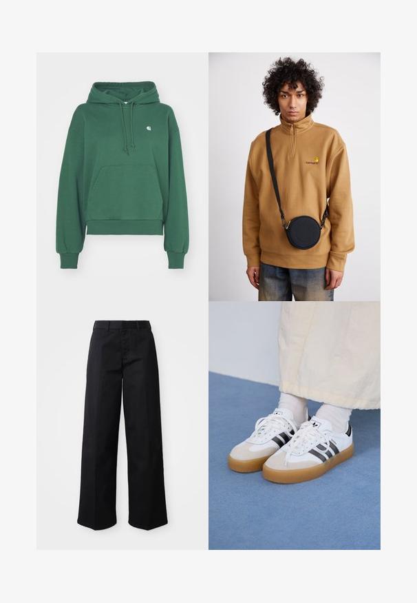 Carhartt WIP HOODED CASEY - Felpa con cappuccio - sycamore tree/silver; Pantaloni neri a gamba larga realizzati in morbido cotone. Presentano una vita classica, tasche laterali e una linea dritta fino all'orlo.; Sneakers bianche con strisce nere e accenti in suede beige. Presentano una suola in gomma texturizzata e lacci bianchi piatti, indossate con calzini di colore chiaro.; Felpa in pile marrone con zip a quarto e logo ricamato, abbinata a una borsa a tracolla rotonda nera con zip e dettagli del logo, indossata sopra dei jeans.