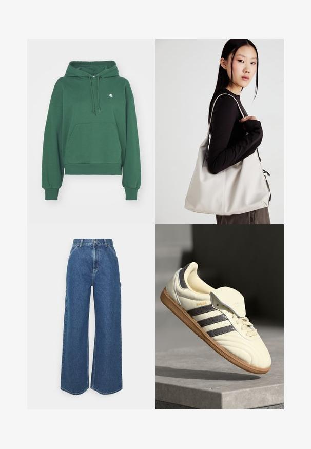 Carhartt WIP HOODED CASEY - Mikina s kapucňou - sycamore tree/silver; Dlhé modré džínsy so širokými nohavicami a vysokým pásom, s kontrastným prešívaním a bočnými vreckami, s klasickým dizajnom piatich vreciek a surovými lemami.; Krémové kožené tenisky s tromi tmavými pruhmi, hnedou gumenou podrážkou a zaoblenou špičkou. Obsahujú prehýbací jazyk s označením "SAMBA."; Béžová kabelka vyrobená z mäkkého materiálu, s uvoľneným dizajnom, prišitými detailmi a dvoma popruhmi na nosenie na pleciach. Vhodná na každodenné nosenie.