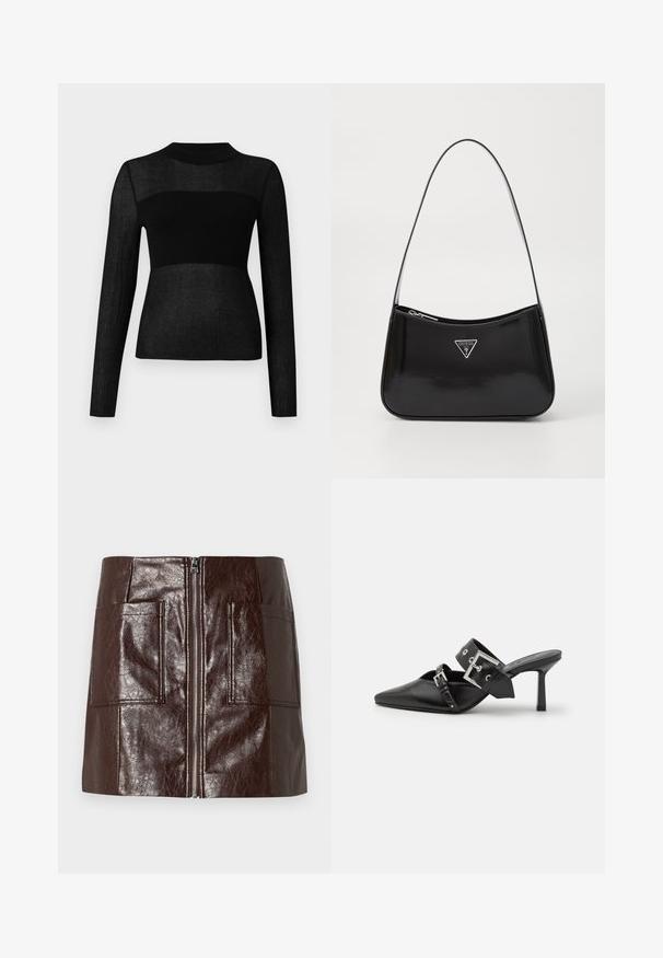 Črn dolg rokav vrh iz rebraste pletenine. Ima visok ovratnik in polprosojno podrobnost čez prsa in rokave.; Rjava mini krila iz umetnega usnja s sprednjim zadrgo, dvema velikima sprednjima žepoma in gladko, sijočo teksturo.; Črne visoke mule s koničastim prstom, izdelane iz gladkega usnja. Imajo širok gleženjski trak s kvadratno srebrno zaponko in okraski.; Črna patentirana usnjena torba za ramo s krožno obliko, opremljena s srebrnim trikotnim logotipom in zadrgo. Gladka tekstura in ozka naramnica.