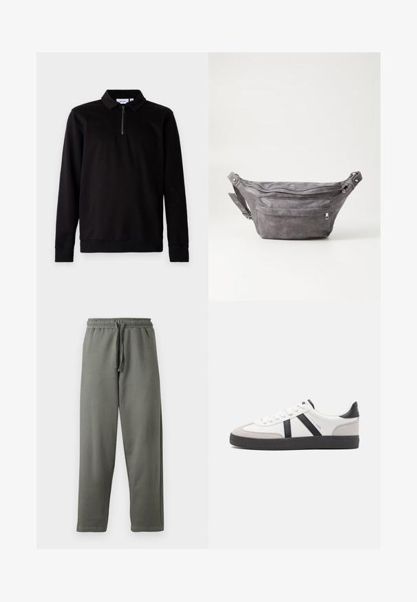 Maglione nero a maniche lunghe con colletto, zip diagonale frontale a un quarto e polsini e orlo a costine. Tessuto morbido con una texture liscia.; Pantaloni della tuta grigi in morbido tessuto con vita elasticizzata e coulisse; presentano un taglio dritto e dettagli di cucitura minimi.; Sneaker bianco con accenti neri e grigi, dotata di una punta grigia testurizzata, suola in gomma nera e lacci bianchi piatti. Design pulito, stile minimalista.; Fanny pack in suede grigio con forma arrotondata, due scomparti con cerniera e tracolla regolabile. Presenta dettagli in metallo.