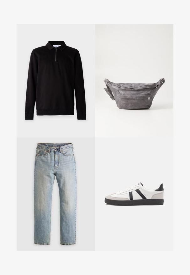 Pulover negru cu mâneci lungi, guler, fermoar la jumătate în față și manșete și tiv ondulate. Material moale cu o textură netedă.; Jeans din denim de culoare albastru deschis, cu talie înaltă, nasture frontal, fermoar și design cu cinci buzunare, așezate platesc pe un fundal neutru.; Sneaker alb cu accente negre și gri, având un capac de vârf gri texturat, talpă din cauciuc negru și șireturi plate albe. Design elegant, stil minimalist.; Borseta gri din suede, cu o formă rotunjită, două compartimente cu fermoar și curea ajustabilă. Are accente din metal.