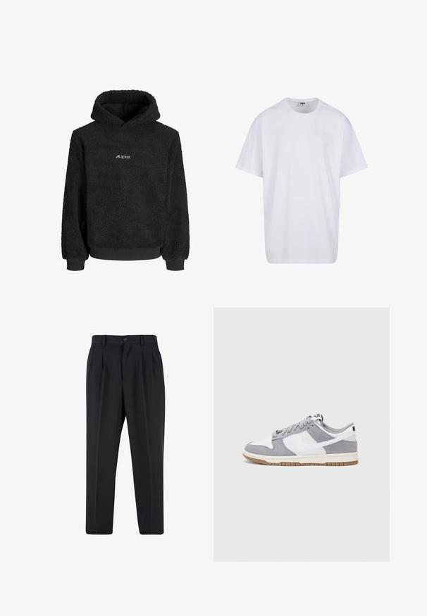 Juodas fliso džemperis su tekstūru, turintis priekinį kišenę ir raukšlėtus rankogalius. Baltas logotipas krūtinėje. Minkšta ir šilta medžiaga.; Balta medvilninė marškinėlių užsagėlė su trumpomis rankovėmis, apvaliu kaklu, laisva forma ir be matomų logotipų ar raštų. Lygi tekstūra ir minimalus dizainas.; Juodi kelnių su raukšlėtu priekiu dizainu, pagaminti iš lygaus audinio. Su mygtuko užsegimu ir diržo kilpomis; tiesios kojų formos.; Pilka ir balta sportinė avalynė su zomšiniu ir odiniu viršumi, suapvalintu pirštu, plokščiomis raištelėmis ir guminėmis padais su guminiu akcentu.