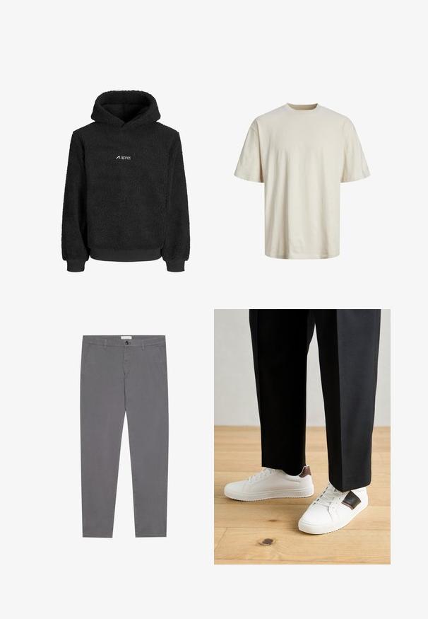 Čierna flísová mikina s textúrovaným povrchom, má predné vrecko a rebrované manžety. Na hrudi je biele logo. Mäkká a teplá tkanina.; Dámske tričko s okrúhlym výstrihom vyrobené z bavlny v odtieňoch bielej, s krátkymi rukávmi, vo voľnom strihu a s hladkou, ľahkou textúrou.; Sivé bavlnené nohavice so slim fit strihom, s dvoma prednými vreckami, jedným zadným vreckom a zapínaním na gombík v páse.; Biele tenisky s hladkým povrchom, s hnedými koženými akcentmi a čiernymi detailmi, spárované s čiernymi elegantnými nohavicami. Pozadím je drevená podlaha.