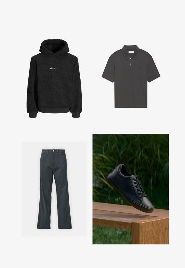 Must külm avakotiga tekstureeritud pinnaga fliisist kapuutsiga dressipluus, ribitud mansettide ja valge logoga rinnal. Pehme ja soe kangas.; Tumehall polo särk traditsioonilise kraega, kolme nööbiga kinnitus, lühikesed varrukad ja vasakul rinnal tasku. Sile kangastekstuuri.; Mustad püksid sirge säärega, valmistatud puuvillasegistuse kangast. Omavad metallist nööbiga sulgemist ja küljetaskuid. Ilma nähtavate mustriteta.; Must have musta sneakers sile nahka, sujuva tekstuuriga, ümmargune varvas ja lamedad paelad, asetatud puidust pinnale koos rohelise rohuga taustal.
