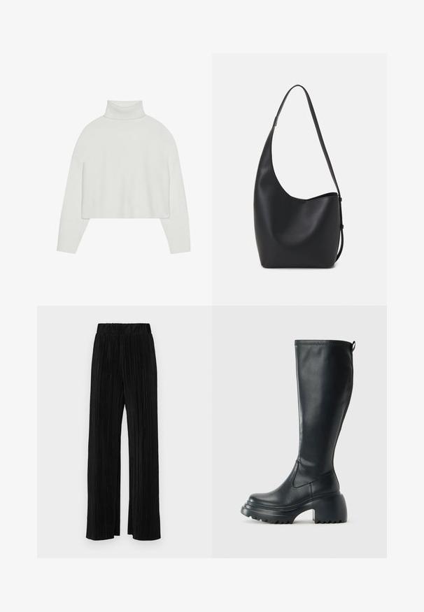 Biały krótki sweter z golfem z prążkowanymi mankietami i dołem. Miękka tekstura, szerokie rękawy i bezszwowy design z tyłu.; Czarne spodnie plisowane z elastycznym paskiem w talii. Posiadają szerokie nogawki oraz gładki, teksturowany materiał z pionowymi paskami.; Wysokie czarne skórzane botki z masywną platformą i słupkowym obcasem, z uchwytem i teksturowanym bieżnikiem na podeszwie.; Czarna skórzana torba hobo o gładkiej fakturze, zaokrąglonym kształcie i pojedynczym, regulowanym pasku; posiada szerokie otwarcie na górze.