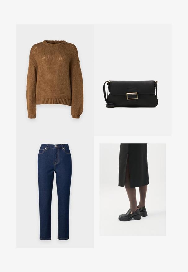 Barna kötött pulóver, kerek nyakkivágással, hosszú ujjakkal és texturált mintával. Az anyag lágy és vastag.; Sötétkék farmernadrág egyenes szabással, cipzáras nyitással, gombos záródással és díszvarrással a zsebeken és a varrásokon.; Fekete bőr cipők lekerekített orral, vastag blokk sarkakkal és elasztikus oldalsó díszítésekkel, sötét harisnyával és hasítékkal ellátott fekete szoknyával párosítva.; Fekete bőr kézitáska hajtóka részlettel és aranyszínű fém csattal. Tartalmaz egy fekete pántot és egy letisztult, minimális dizájnt.