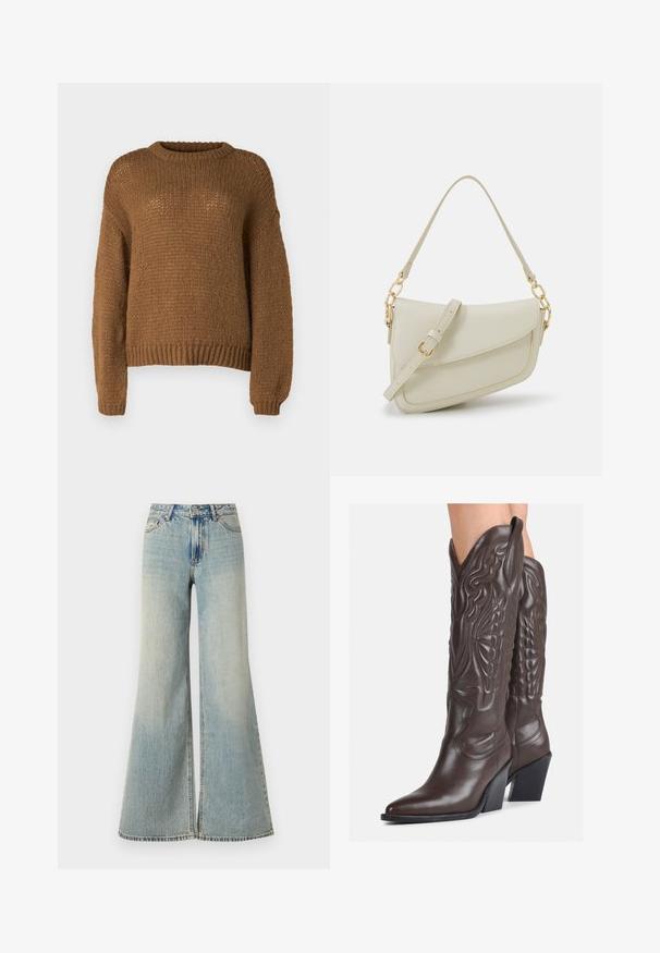 Brun strikket genser med rund hals, lange ermer og teksturert mønster. Stoffet ser mykt og chunky ut.; Lyseblå vide jeans med høy midje, med en falmet finish, foran lommer og en subtil splitt nederst på bena.; Brune skinncowboystøvler med spiss tå og blokkhelt, med detaljerte sømmer og hevede detaljer på skaftet.; Liten kremfarget håndveske med teksturert overflate, lang justerbar stropp, kjedeakenter og klaffelukking. Detaljer i gullfarge.