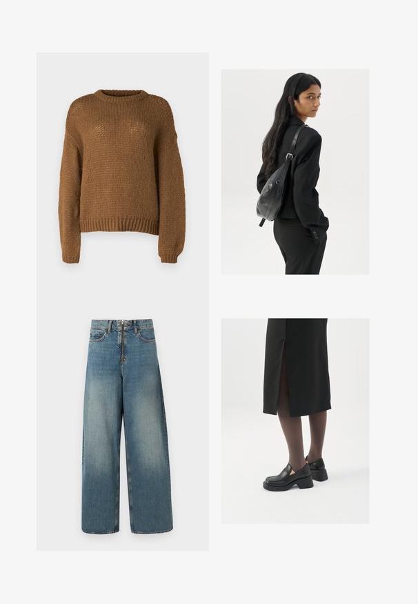 Barna kötött pulóver, kerek nyakkivágással, hosszú ujjakkal és texturált mintával. Az anyag lágy és vastag.; Széles lábú farmernadrág világoskék mosásban. Részletesen zipzárral és gombos zárással rendelkezik, valamint finom kopás látható rajta a viselt hatás érdekében.; Fekete bőr cipők lekerekített orral, vastag blokk sarkakkal és elasztikus oldalsó díszítésekkel, sötét harisnyával és hasítékkal ellátott fekete szoknyával párosítva.; Hosszú, sötét hajú nő fekete öltönyben, fekete bőrtáskával a vállán, a vállán át néz a fehér háttér előtt.