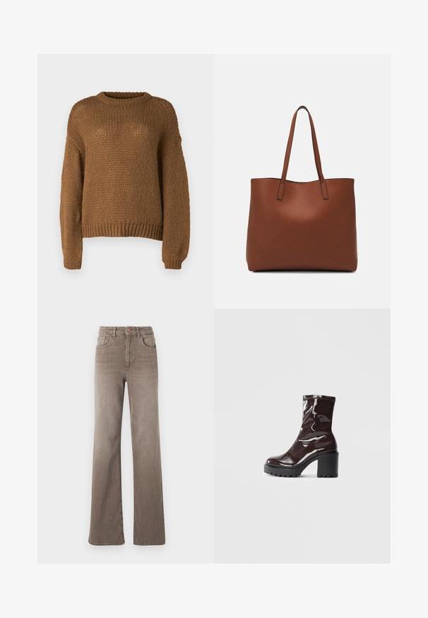 Rjav pleten pulover s okroglo odprtino, dolgimi rokavi in teksturiranim vzorcem. Tkanina se zdi mehka in debela.; Rjavi visoki naramnice z ravnimi hlačnicami in sprednjim gumbom, z zanko za pas in klasičnim petim žepnim dizajnom na beli podlagi.; Sijajan škrlatank z bleščečim videzom, z masivnim črnim peto, ki se ponaša z gladko teksturo in preprostim dizajnom. Brez vidnih zapenjal ali vzorcev.; Rjava usnjena torba z gladko teksturo, odprto zasnovo zgoraj in dvema naramnima trakovoma. Opremljena je z minimalnim šivanjem in brez vidnih kovinskih delov.