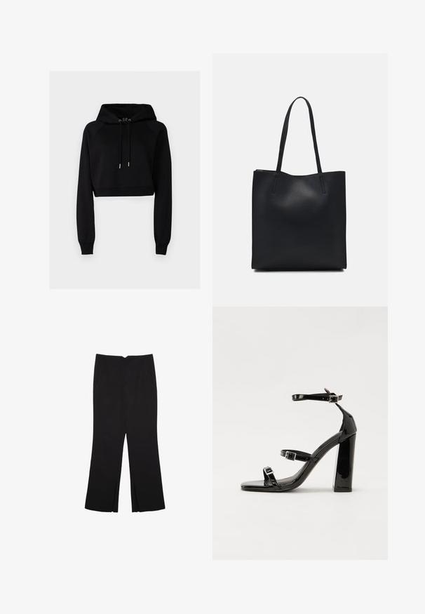 GAP ULTRA CROP HOODIE - Sweatshirt - true black; Schwarze Hose mit geradem Schnitt, ausgestattet mit Fronttaschen und Seitenschlitzen am Saum. Hergestellt aus weichem, glattem Stoff. Geeignet für verschiedene Anlässe.; Schwarze patentierte Sandalen mit Absatz, quadratischer Spitze, Knöchelriemen und silbernen Schnallen. Mit einem stabilen Blockabsatz für mehr Stabilität.; Schwarze Laptoptasche aus Leder mit glatter Textur, rechteckiger Form und zwei langen Griffen. Keine sichtbaren Beschläge oder Verzierungen.