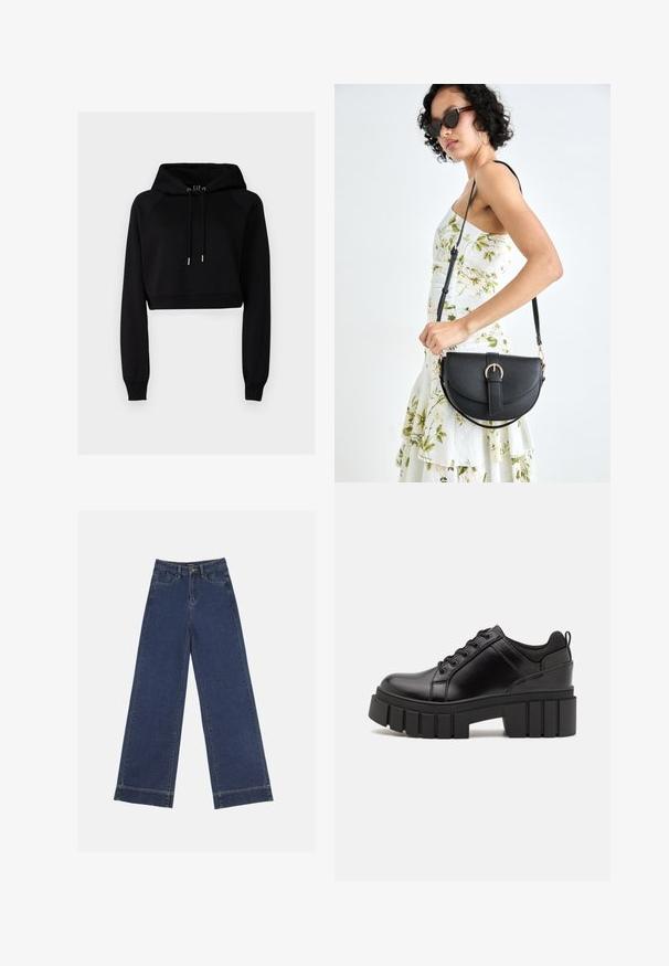 GAP ULTRA CROP HOODIE - Melegítőfelső - true black; Sötétkék denim széles lábú farmernadrág. Öt zsebbel, övhurkokkal és nyers szegéllyel az alján, amelyen látható varrási részletek találhatók.; Fekete bőr platform cipők vaskos blokk sarkakkal, kerek orral és hagyományos fűzős kialakítással. Simára csiszolt felület és minimális részletezés jellemzi.; Fekete bőrtáska ívelt formával, levehető pánttal és arany színű fémrészekkel. A táskán egy csattal díszített fedél található.