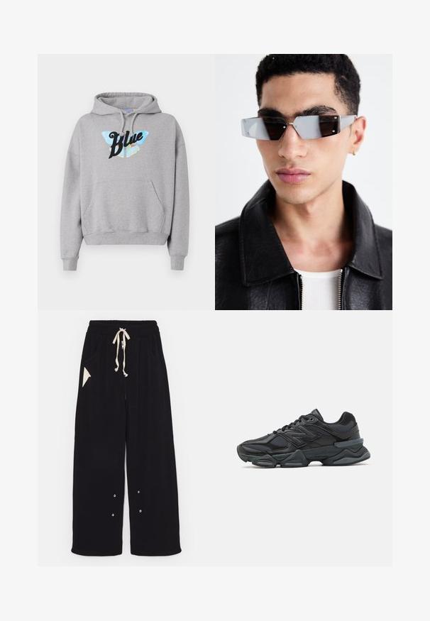 Szürke kapucnis pulóver, elülső kenguruzsebbel, húzós kapucnival, és egy pillangó grafikával, amelyen a "Blue" felirat fekete színben szerepel.; Fekete, rövid ujjú pamut póló, kerek nyakú és laza szabású. Simaság jellemzi, minimális varrási részletekkel.; Fekete, bő szárú nadrág puha anyagból, húzózsinórral a deréknál, oldalsó zsebekkel és háromszög alakú díszítőzsebbel. Ezüst hardware részletek.; Fekete futócipő, mely háló és szintetikus anyagok keverékéből készült, vastag talppal, ívelt kialakítással és hangsúlyos logóval az oldalon.; Szögletes, szürke árnyalatú napszemüveg ezüst díszítéssel, világos háttér előtt. A lencsék egyedi geometrikus formával rendelkeznek.