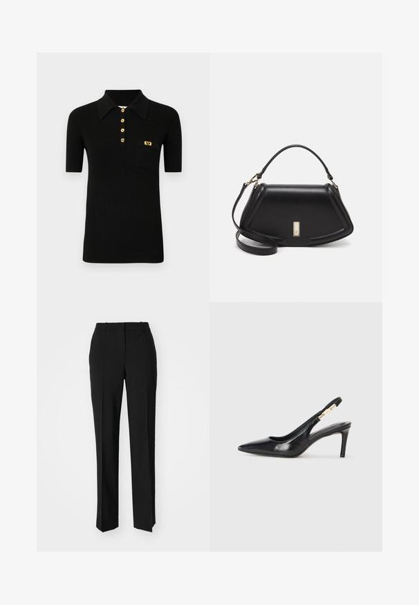 Juodas ribotas polo marškinėliai su struktūrine apykakle, auksinėmis mygtukais, vienu krūtiniu kišeniu ir dekoratyviniu auksiniu akcentu ant kišenės.; Juodi pritaikyti kelnių modeliai su tiesiomis kojomis, pasižyminčios lygiomis tekstūromis ir ryškiomis klostėmis priekyje. Nėra matomų detalių.; Juodos odinės slingback aukštakulniai batai su smailiu pirštu, lygiu paviršiumi ir siaura kulkšnies juosta su auksiniais akcentais.; Juoda odinė rankinė su struktūrizuotu dizainu, turi trumpą formą, viršutinę rankeną ir auksinius akcentus. Pridėtas reguliuojamas peties diržas.