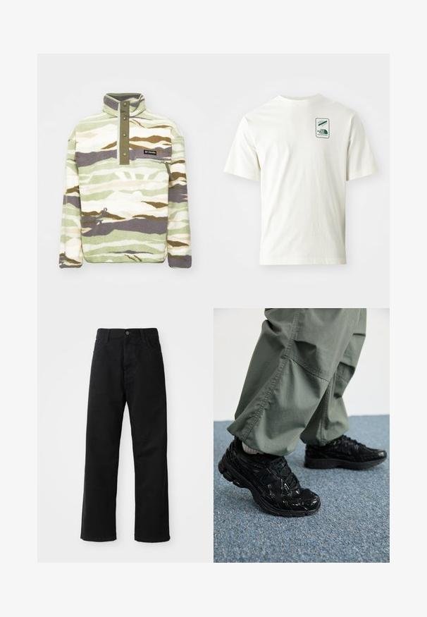 Fleece genser i grønn, elfenben og grå kamuflasjemønster. Har standkrage med trykknapper og en brystlomme med glidelås.; Hvit bomulls T-skjorte med korte ermer, med et grønt logo-patch på øvre venstre side. Materialet har en glatt og myk tekstur.; Svart denimbukser med rett snitt, med frontlommer, glidelåsgylf og en enkelt knapp i toppen. Teksturert stoff med matt overflate.; Svarte sportssko med glossy og mesh teksturer, med en tykk såle og lisser, kombinert med løse olivengrønne cargo-bukser.