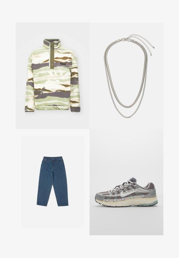 Fleece-pullover i grön, elfenbensvit och grå kamouflage. Har en stående krage med tryckknappar och en bröstficka med dragkedja.; Blå denimjeans med avslappnad passform, hög medium, femficksdesign och sömnadsdetaljer. Har knapp- och dragkedjestängning.; Grå atletiska sko med en överdel av mesh och mocka, vita accenter, en vadderad sula och en unik design med reflekterande element.; Tre-lager silvermetallhalsband med eleganta, flexibla kedjor med en svag glans, säkrad med ett kräftklämma och justerbar kedja.