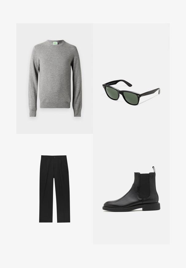 Pulover lung cu guler rotund de culoare gri deschis, cu manșete și tiv cu nervuri, având un mic eticheta "Din Viitor" în interiorul gâtului.; Pantaloni negri cu un design drept, fabricați dintr-un material neted. Au plisse în față și un sistem de închidere cu un singur buton la talie.; Botine negre din piele cu textură netedă, cu panouri elastice laterale și un tab pentru a fi tras. Vârf rotund și talpă plată din cauciuc cu uzură minimă.; Ochelari de soare din plastic negru cu lentile verzi, rame pătrate, accent argintiu pe sprânceană și brațe texturate. Marca este menționată pe brațul interior.