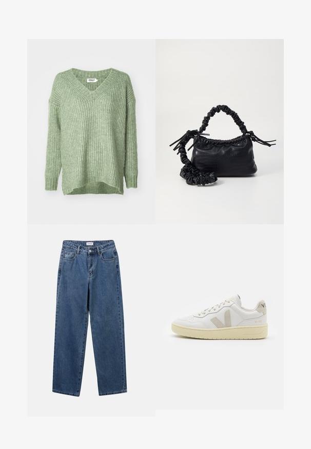 Sweater verde de malha com decote em V, mangas longas e um corte relaxado. Apresenta um padrão texturizado e punhos e bainha canelados.; Jeans de denim azul clássicos com um design de perna reta, cinco bolsos e fecho de botão. Apresenta um tratamento médio e uma textura resistente.; Sapatilha de couro branca com detalhes em camurça bege, biqueira perfurada, atacadores planos e sola texturizada creme. Apresenta uma marcação subtil no calcanhar.; Bolsa de mão em couro sintético preto com textura de crocodilo, topo franzido e alça enrugada. Apresenta um design suave e compacto.