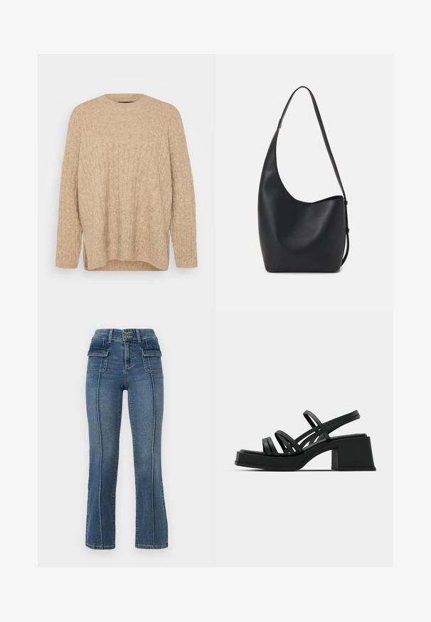 Beige kötött pulóver texturált kötélmintával, kerek nyakkivágással és hosszú ujjakkal. Oldalhasított és laza fazonú. Puha anyagból készült.; ONLY Petite ONLWAUW MID WAIST FLARED - Trapézfarmer - medium blue denim; Fekete magas sarkú szandál, több vékony pánttal és széles tömbsarkal. Letisztult kialakítás, matt felülettel. A talpbetét enyhe ívvel rendelkezik.; Fekete bőr hobo táska sima textúrával, ívelt formával és egyetlen állítható pánttal; széles nyílás található a tetején.