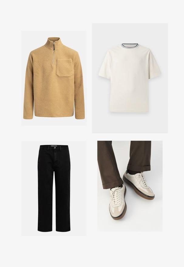 Beige fleece pullover with a high collar, half-zip front, and a chest pocket. Textured fabric with a soft, cozy appearance.; Cream-colored cotton t-shirt with short sleeves, featuring a round neckline accented by navy and white stripes. Smooth texture, relaxed fit.; Black denim pants with a straight-leg cut, classic five-pocket design, and a button closure at the waist. Smooth texture and durable fabric.; Beige sneakers with a textured suede front, smooth leather sides, and a brown rubber sole. Laces and light stitching detail included.