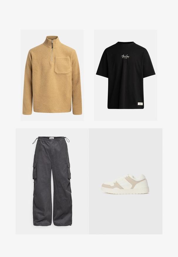 Bežinis fliso megztinis su aukštu apykakle, pusiau užtrauktuku priekyje ir krūtine kišene. Audinys su tekstūra, suteikiantis minkštą ir jaukią išvaizdą.; Juodas trumpomis rankovėmis marškinėliai, pagaminti iš medvilnės. Yra nedidelis baltas logotipas ant krūtinės ir stačiakampis etiketė apatiniame dešiniajame kampe.; Pilkos krovinių kelnės su tekstūriniu audiniu, elastinga juosta, raišteliu ir šoninėmis kišenėmis. Plataus kirpimo, laisvas siluetas su plačiomis kojomis.; Baltos ir smėlio spalvos sportbačiai, turintys sklandžių ir zomšinių tekstūrų derinį, apvalūs pirštai, su raištelių užsegimu ir plokščiu guminio pado dizainu.