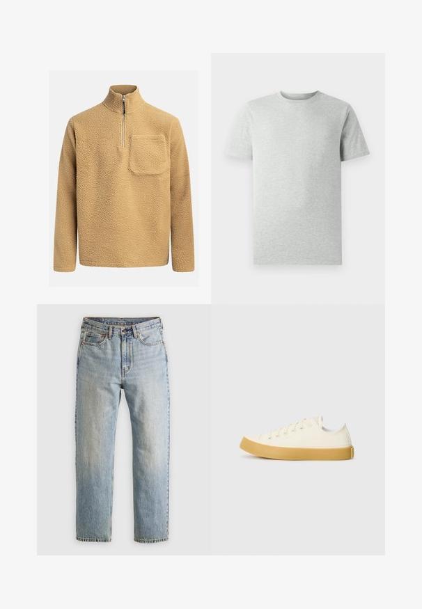 Sudadera de poliéster beige con un alto cuello, cremallera en la parte delantera hasta la mitad y un bolsillo en el pecho. Tejido texturizado con un aspecto suave y acogedor.; Camiseta de corte clásico de manga corta en gris claro liso, mostrada sobre un fondo blanco, vista frontal sin logotipos ni diseños visibles.; Jeans de mezclilla azul claro de cintura alta, con botón frontal, cremallera y diseño de cinco bolsillos, dispuestos sobre un fondo neutro.; Zapatillas de lona en color blanco roto con punta redonda, que cuentan con suelas de goma beige y cinco ojetes para los cordones, acabado texturizado en la parte superior.
