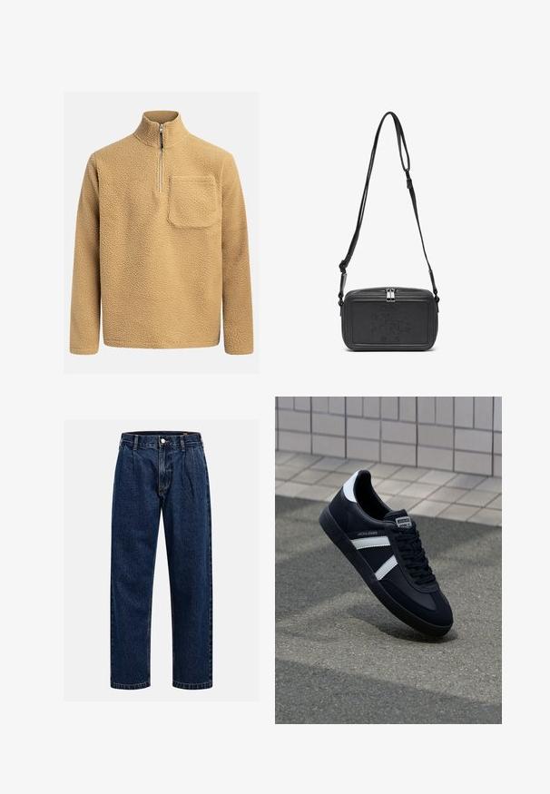 Beige fleece pullover with a high collar, half-zip front, and a chest pocket. Textured fabric with a soft, cozy appearance.; Dark blue denim jeans with a straight-leg design. Features visible stitching, a button closure, and front pleats for added detail.; Black leather sneaker with white stripes, textured rubber sole, and lace-up front. Features a branded label on the tongue.; Black leather crossbody bag with a zip closure, embossed logo on the front, and adjustable strap. Smooth texture with a rectangular shape.