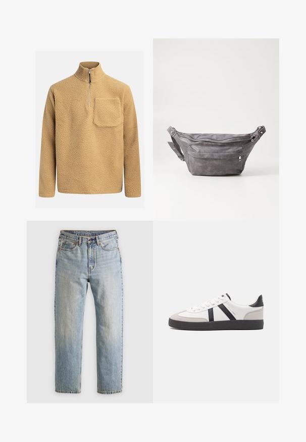 Beige fleece pullover met een hoge kraag, een halve ritssluiting aan de voorkant en een borstzak. Gelaagd stof met een zachte, gezellige uitstraling.; Lichtblauwe denim jeans met hoge taille, frontknop, rits en vijfzakkenontwerp, plat gelegd op een neutrale achtergrond.; Witte sneaker met zwarte en grijze accenten, voorzien van een grijze neus met textuur, zwarte rubberen zool en platte witte veters. Schoon ontwerp, minimalistische stijl.; Grijze suède heuptas met een ronde vorm, twee met rits afgesloten compartimenten en een verstelbare band. Voorzien van metalen accenten.