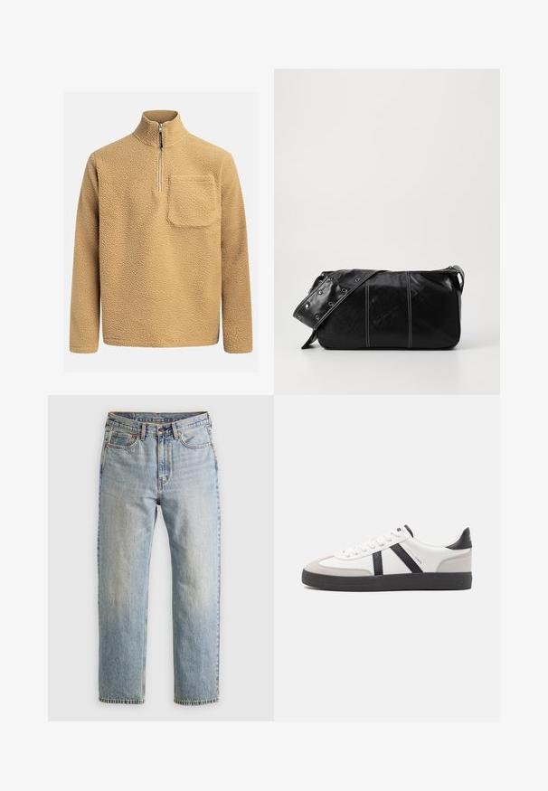 Bež flis pulover s visokim ovratnikom, prednjim polu-zip zatvaranjem i džepom na prsima. Teksturirana tkanina s mekim, udobnim izgledom.; Svijetloplave traperice visoki struk, prednji gumb, zatvarač i dizajn s pet džepova, položene ravno na neutralnoj pozadini.; Bijele tenisice s crnim i sivim detaljima, s teksturiranim sivim zaštitnikom prstiju, crnim gumene potplate i ravnim bijelim vezicama. Čist dizajn, minimalistički stil.; Crna kožna torba preko ramena s zatvaranjem na patentni zatvarač, s teksturiranim tijelom, bijelim šavovima i remenom sa srebrnim okovima.