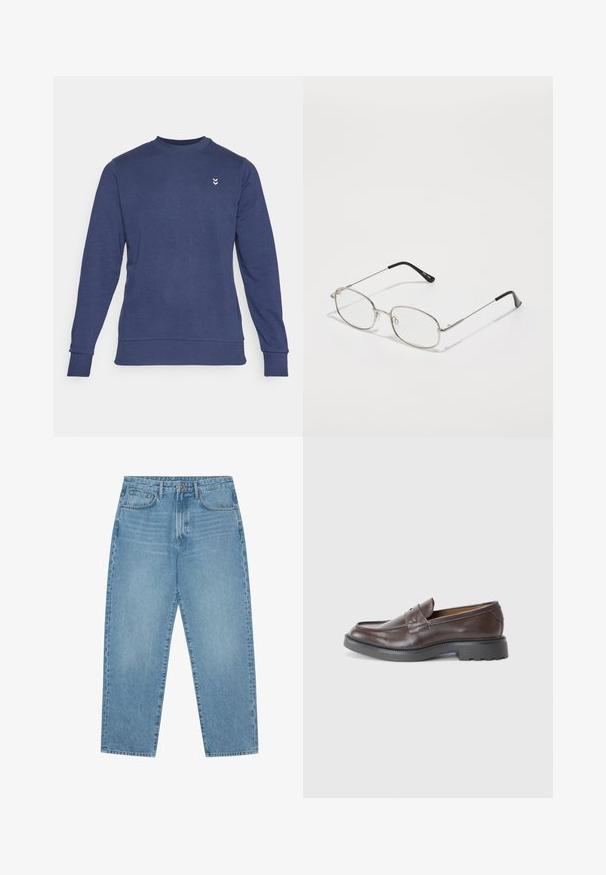 Navy blue sweatshirt made of textured fabric, featuring a crew neck, long sleeves, and a small logo in white on the chest.; Light blue denim jeans with a straight-leg cut, five-pocket design, and a slightly faded texture. Features a button and zipper closure.; Brown leather loafers with a smooth finish, round toe, minimal stitching, and a thick black rubber sole. No visible hardware or accents.; Metal eyeglasses with an oval frame, silver bezels, and clear lenses. Slim, straight arms with black tips, minimalist design.