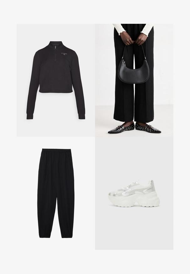 Zwarte cropped sweatshirt met een hoge kraag en een kwart rits. Heeft lange mouwen en een logo op de borst. Soepele stoftextuur.; Zwarte, lichte broek met een elastische tailleband en gathered enkels. De stof is glad en heeft een ontspannen, taps toelopend ontwerp.; Zilveren sneaker met een gestructureerde mesh bovenkant en iriserende accenten, voorzien van een chunky witte zool en vetersluiting.; Zwarte lederen schoudertas met een ronde vorm, glanzende afwerking en zilverkleurige hardware. Persoon in zwarte wijde broek en gestifte loafers.
