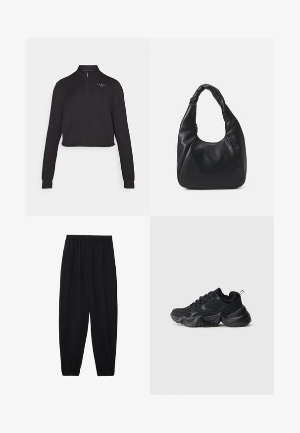 Must be a must rinna kaelusja lõige ja neljanda tõmbega musta värvi lühikene dressipluus. Omab pikki varrukaid ja rinnal on logo. Silkinine kanga tekstuur.; Mustad, kerge kangas püksid elastse vöökoha ja kokku volditud pahkluudega. Kanga pind on sile ja disain on lõdvestunud, kitsenev.; Mustad Nike, mis ühendab sujuvaid ja tekstuuriga materjale, paksud tallad, ümar kuju ja dekoratiivne õmblemine. Omab pehmet ja luksuslikku ääret.; Must värvi hobo kott, mis on valmistatud siledast nahataolisest materjalist, keeratud käepidemega, pehme ja ümar kuju ning ülemise tõmblukuga sulgur.