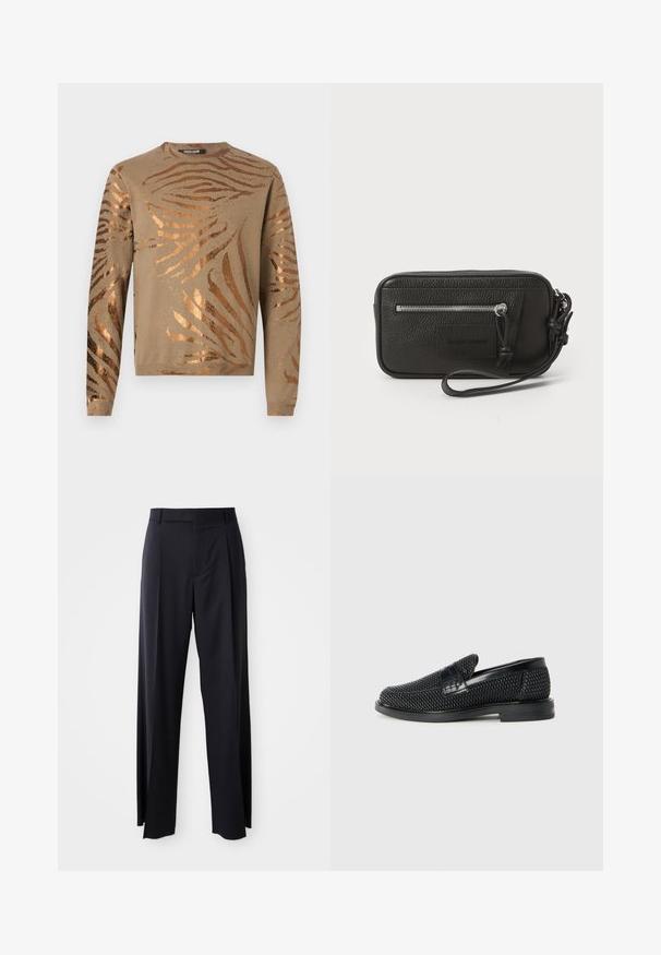 Beiger Pullover mit metallisch bronzefarbenen Zebra-Streifen, rundem Halsausschnitt und langen Ärmeln mit gerippten Bündchen und Saum. Weiche Strickstruktur.; Schwarze, hoch taillierte Hose mit weitem Bein, aus glattem Stoff. Verfügt über vorne gelegte Falten und Gürtelschlaufen. Minimalistisches Design, ohne sichtbare Beschläge.; Schwarzer geflochtener Slipper mit einem glatten Lederakzent im Obermaterial, einem runden Zehendesign und einer flachen Gummisohle.; Schwarze Leder-Clutch mit strukturiertem Oberflächen, Vorderseite mit Reißverschlusstasche und abnehmbarem Handgelenkriemen. Fällt durch ein Logo-Patch auf der Vorderseite auf. Rechteckige Form.