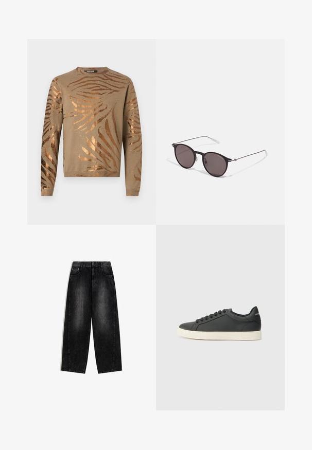 Beige pulóver fémes bronz csíkos zsiráfmintával, kerek nyakkal és hosszú ujjakkal, bordás mandzsettával és szegéllyel. Puha kötött anyag.; Fekete, bő szárú farmernadrág, mosott textúrával, elülső zsebekkel és ezüst hardware díszítésekkel. Klasszikus gombos záródás a derekán.; Fekete bőr sportcipő alacsony profilú, lekerekített orral és fűzős záródással; texturált gumitalppal és logó részlettel a saroknál.; Fekete kerek napszemüveg sötét lencsékkel és karcsú fém szárakkal. Átlátszó szárvégeket és ezüst részleteket tartalmaz az ívnél. Minimalista dizájn.