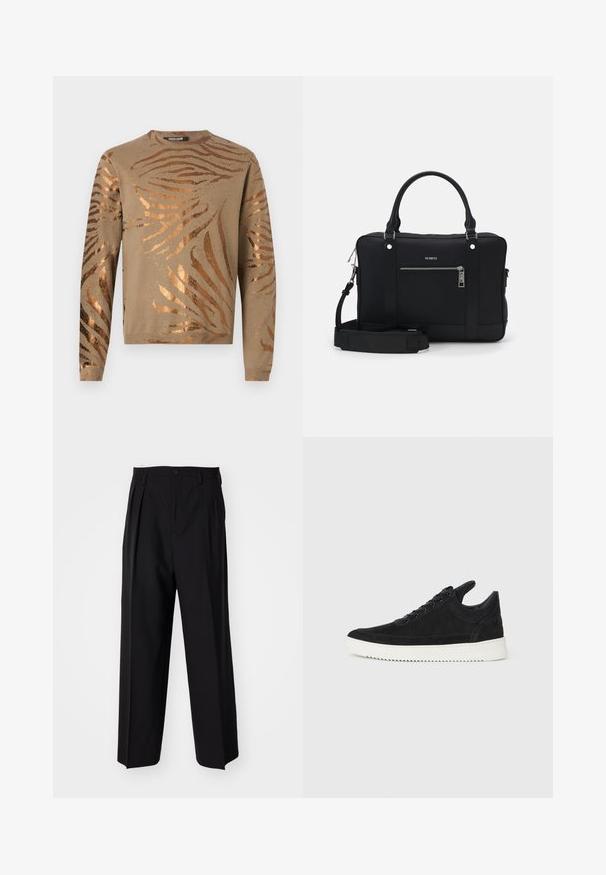 Beiger Pullover mit metallisch bronzefarbenen Zebra-Streifen, rundem Halsausschnitt und langen Ärmeln mit gerippten Bündchen und Saum. Weiche Strickstruktur.; Schwarze, plissierte Hose mit geradem, weitem Bein. Hergestellt aus glattem Stoff, mit Knopfverschluss und Gürtelschlaufen.; Schwarze Wildleder-Sneaker mit einer weißen Gummisohle, die sich durch elegante Nähte und ein schnürbares Design auszeichnen. Glatte Textur mit einer modernen, stromlinienförmigen Form.; Schwarze synthetische Tragetasche mit zwei Griffen, einem abnehmbaren Schultergurt, einer Vorderentasche mit Reißverschluss und silberfarbenen Hardware-Akzenten.