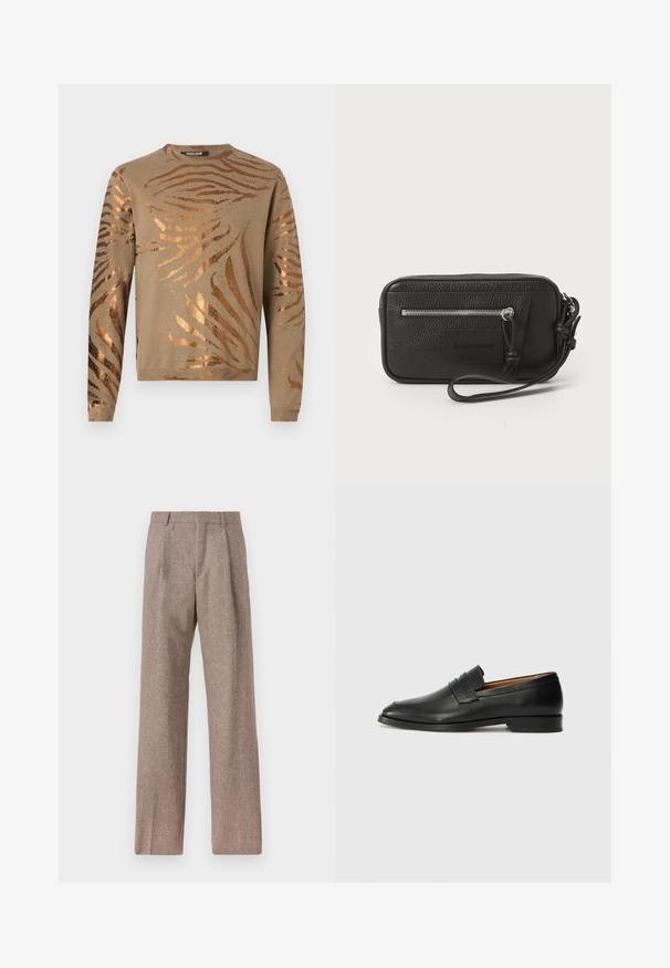 Beżowy sweter z metalicznymi brązowymi paskami w zebrę, okrągłym dekoltem oraz długimi rękawami z ribbowanymi mankietami i dołem. Miękka, dziana tekstura.; Brązowe, wysokiej talii spodnie wykonane z teksturowanej tkaniny. Posiadają szerokie nogawki i dwa przednie zakładki dla lepszej struktury. Starannie wykończone, bez widocznych elementów metalowych.; Czarne skórzane mokasyny z zaokrąglonym noskiem, subtelnymi przeszyciami i niskim obcasem, charakteryzujące się gładką teksturą i minimalistycznym designem.; Czarna skórzana kopertówka o teksturowanej powierzchni, z przednią kieszenią na zamek błyskawiczny i odpinanym uchwytem na nadgarstek. Posiada naszywkę z logo z przodu. Prostokątny kształt.