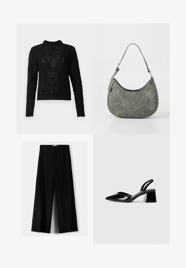 Zwarte, gebreide trui met een hoge halslijn, voorzien van een gestructureerd patroon en een gegolfde zoom. Lange mouwen met complexe details.; Zwarte wijde broek van lichtgewicht stof, met een knoopsluiting aan de voorkant en een vlakke achterkant, afgewerkt met keurig gestikte zoom.; Zwarte gepatineerde leren slingback hakken met een spitse neus en een geometrische blokhak. Kenmerkt zich door een slank, minimalistisch ontwerp en een gladde textuur.; Groene nepleer schoudertas met een gebogen vorm, verstelbare schouderband en een gladde textuur. Bevat een opening aan de bovenkant en minimale stikdetails.