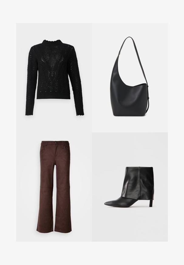 Schwarzer, gestrickter Pullover mit hohem Kragen, der ein strukturiertes Muster und einen gewellten Saum aufweist. Lange Ärmel mit kunstvollen Details.; Braune, ausgestellte Hosen aus einem weichen, samtartigen Stoff. Verfügt über vier Taschen, einen Knopfverschluss und eine glatte, strukturierte Oberfläche.; Schwarze Lederstiefel bis zur Mitte der Wade mit spitzer Zehe, gefaltetem oberen Schaft und schlankem, niedrigem Absatz auf weißem Hintergrund.; Schwarze Leder-Hobo-Tasche mit einer glatten Textur, geschwungener Form und einem einzelnen verstellbaren Tragegurt; verfügt über eine weite Öffnung am oberen Ende.