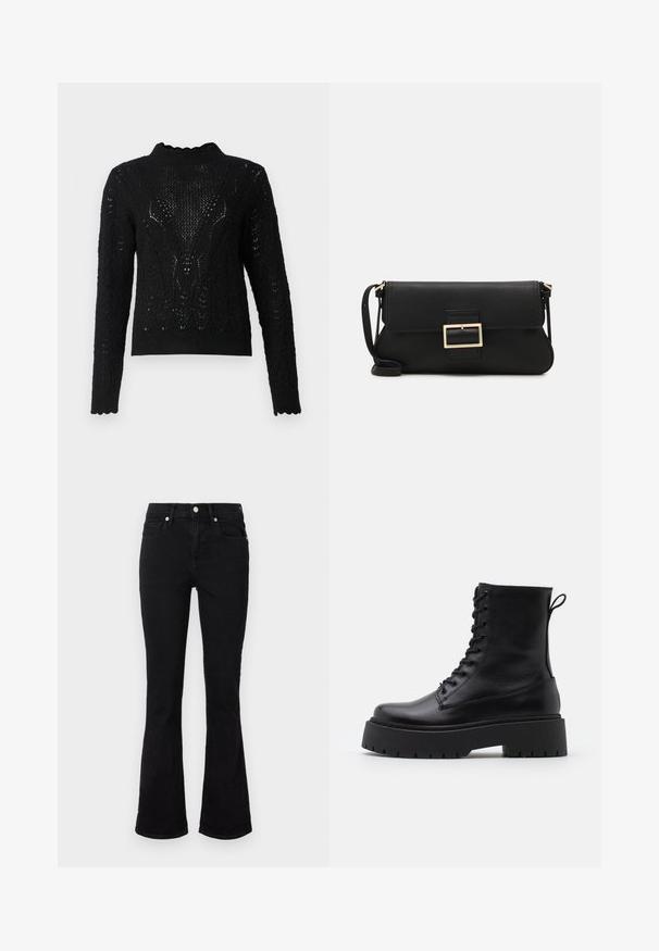Czarny, dziany sweter z wysokim dekoltem, zdobiony teksturalnym wzorem i falbaniastym dołem. Długie rękawy z misternymi detalami.; Czarne jeansy o rozszerzających się nogawkach, wykonane z denimu, z średnim stanem, przednimi kieszeniami i zapięciem na guzik. Gładka tekstura z minimalnymi detalami ściegów.; Czarne skórzane botki za kostkę z okrągłym noskiem, sznurówką z przodu i grubą gumową podeszwą z teksturowanym bieżnikiem. Pętelka do zakładania z tyłu.; Czarna skórzana torebka kopertowa z klapką i detalem w postaci złotej metalowej klamry. Zawiera czarny pasek oraz elegancki, minimalistyczny design.